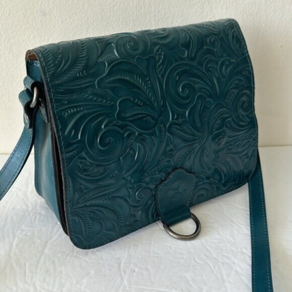 Patricia Nash Ilina Leather Tooled Flap Handbag Blue Coral Crossbody D Ring - Picture 12 of 15